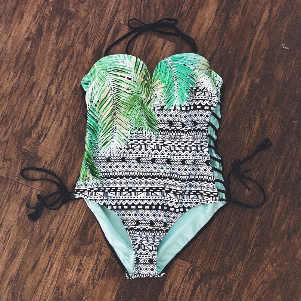 Palm & Aztec print one piece swimsuit